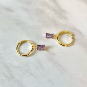 New 18K Gold Vermeil Sterling Silver 925 Purple Crystal Huggie Hoop set